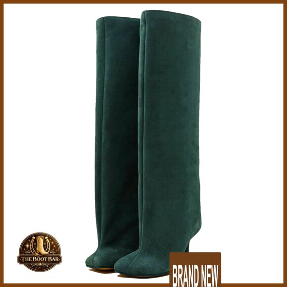 Knee High Suede Boots Wide Calf Square Toe Stiletto Heels Pull On Chic